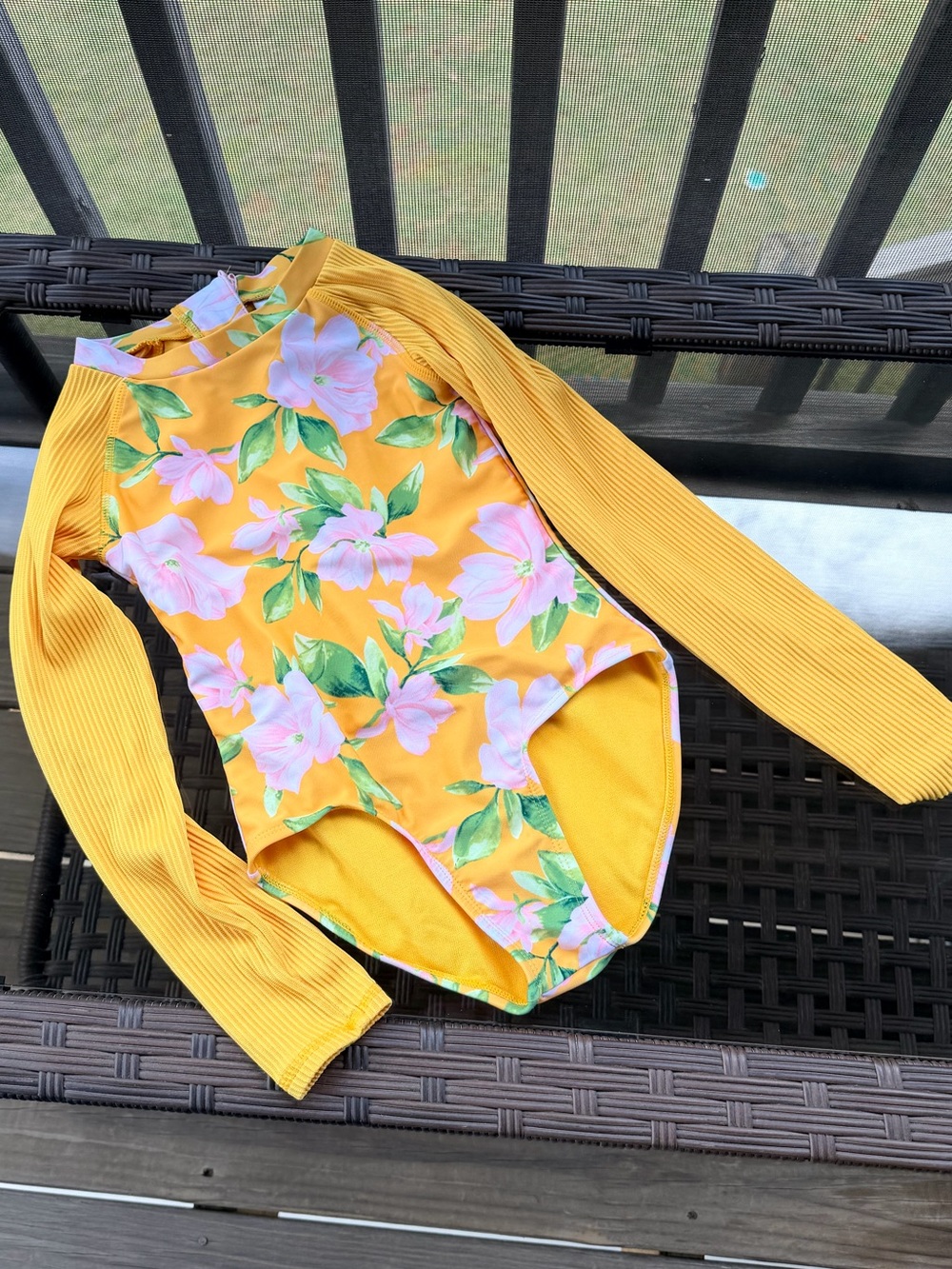 Art Class Yellow Floral Long Sleeve One-Piece Swimsuit Size 6